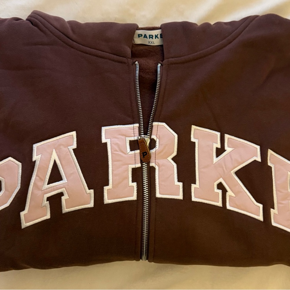 New PARKE Women’s Hometown Varsity Fleece ZipUp Hoodie Sweatshirt mocha/rose XXL - Picture 3 of 6